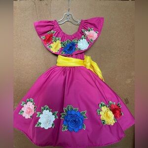 Floral Embroidered Pink Dress with Yellow Sash